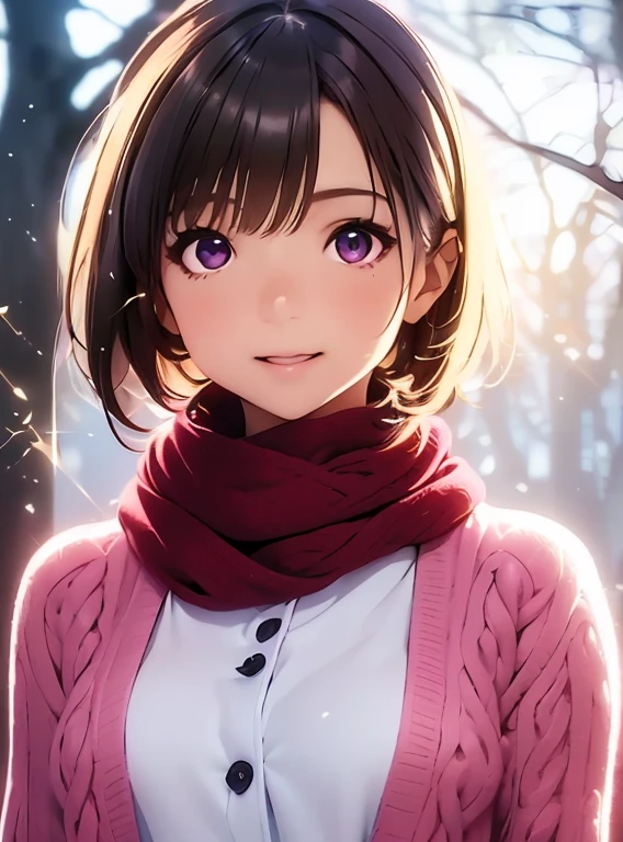   Hi-Res ,In 8K, best quality, Details,Semi-realistic anime, D-anime style, smooth animated CG, one girl , 19-year-old Japanese woman,slim,modeling,((Sparkling Eyes)),(( very short hair)),(( short bob)),(Maroon Glowing Hair ), pink lips, Shiny brown hair,(( light cream cardigan )),((Winter scarf )), Detailsな顔,Beautiful and  Details,,((深い青紫色のSparkling Eyes)),(Open your mouth),(Laughter),(( silhouette)),(( super multiple exposure effect where you can see the background through the clothes))、((No bangs))、((hair intakes)),(Forest Trees々の silhouette) 、Super multiple exposure effect where you can see the background through your clothes ,