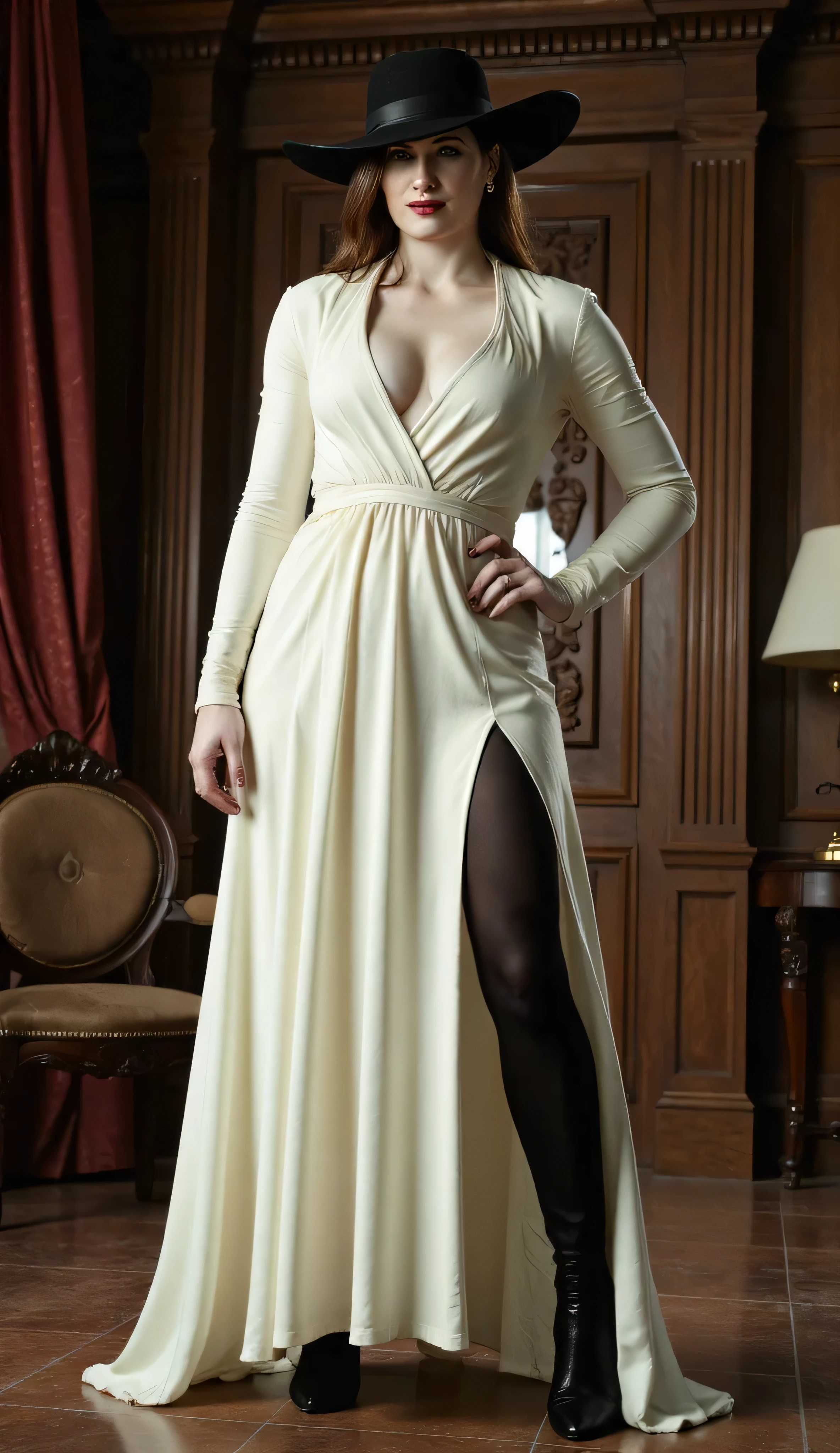 Kathryn Hahn as Alcina Dimitrescu, posing in a castle, black hat, white dress, black high tights, high heels