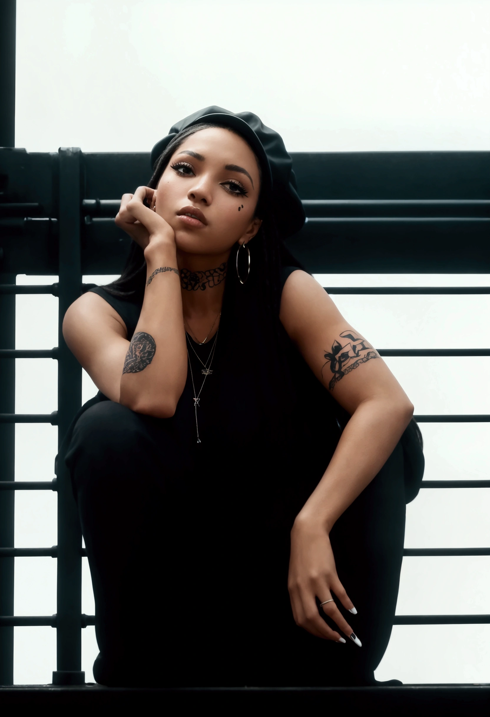 1girl, sitting, jewelry, black_hair, solo, building, city,moaning,open mouth,sexy face,closed eyes,moaning expression,close shot,upper body