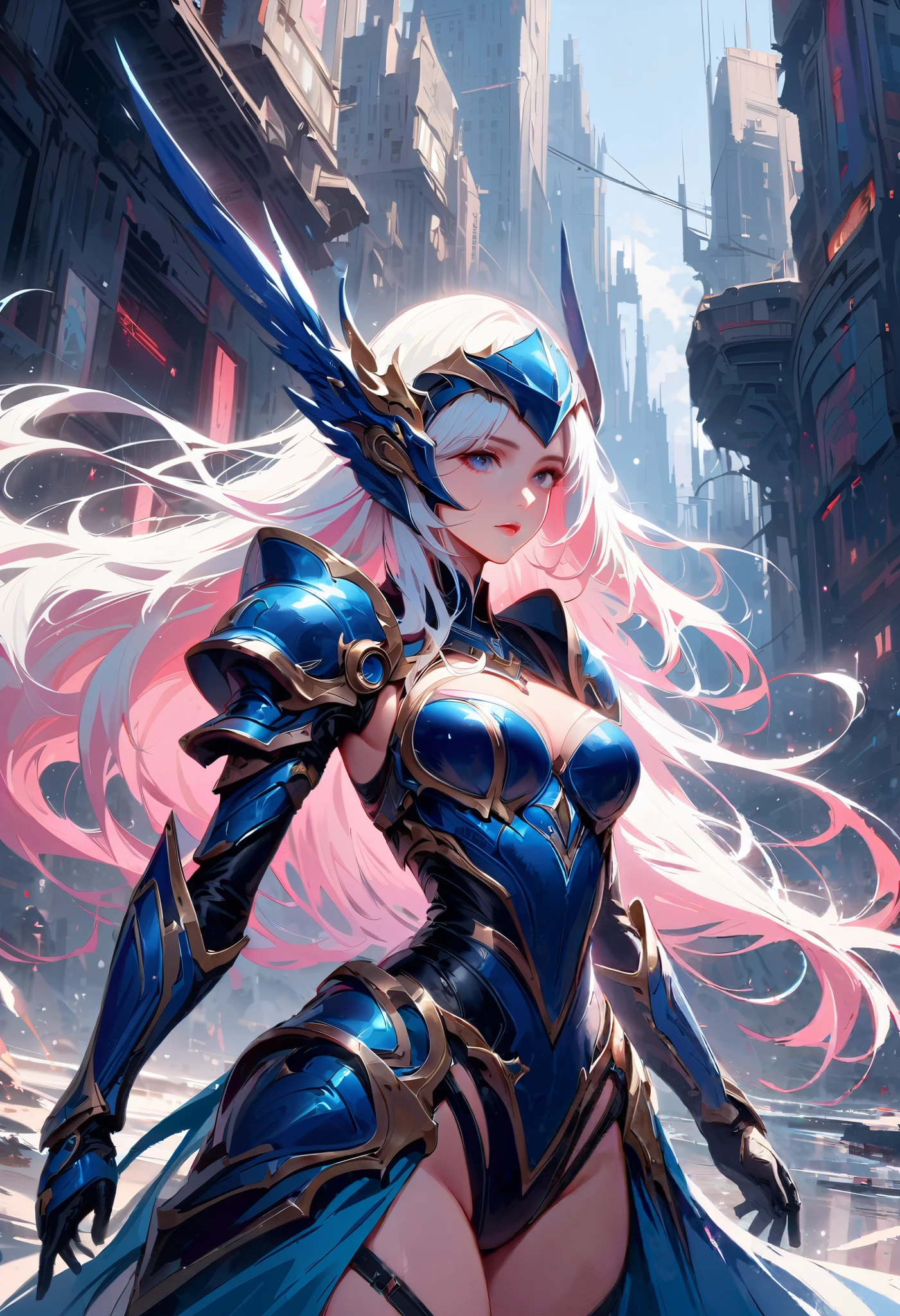 Anime girl with long pink hair and blue dress in a city - SeaArt AI