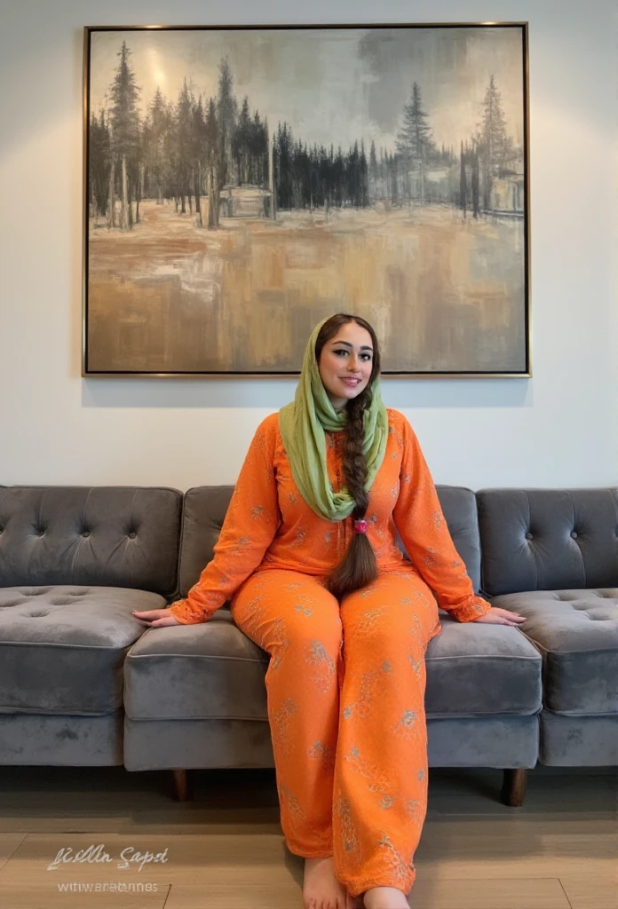 a thick woman middle-eastern  sitting on a grey couch in the center of the frame, positioned directly in front of the camera, she is wearing an orange traditional dress with intricate patterns and a green headscarf, which is draped over her shoulders, her long brown hair is styled in a braid that falls down her back, and she is looking to the side with a smile on her face, in the background, there is a large abstract painting on the wall, adding a sense of depth and texture to the scene, the overall atmosphere is cozy and inviting, with a subtle watermark at the bottom of the image indicating the location of the photo, the woman's position and the vibrant colors of her dress create a warm and inviting ambiance, drawing the viewer's attention to the subject