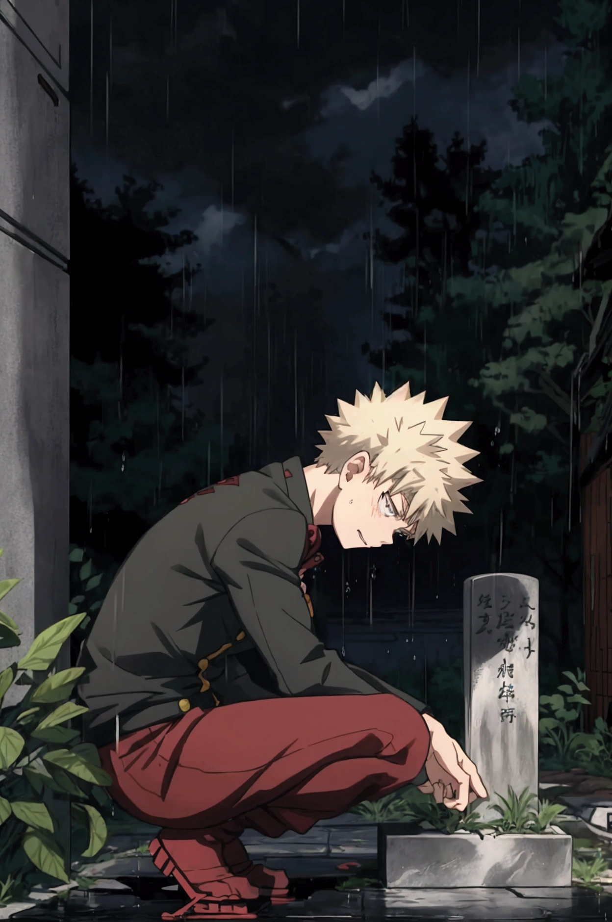 Bakugou Katsuki kneeling in front of Izuku's grave crying but his tears are lost in the rain