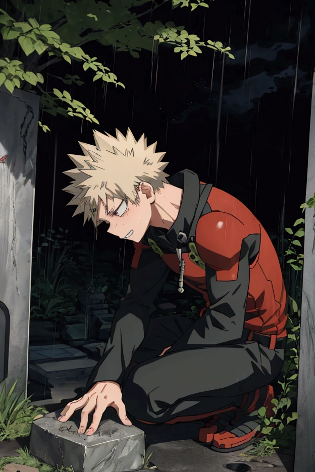 Bakugou Katsuki kneeling in front of Izuku's grave crying but his tears are lost in the rain