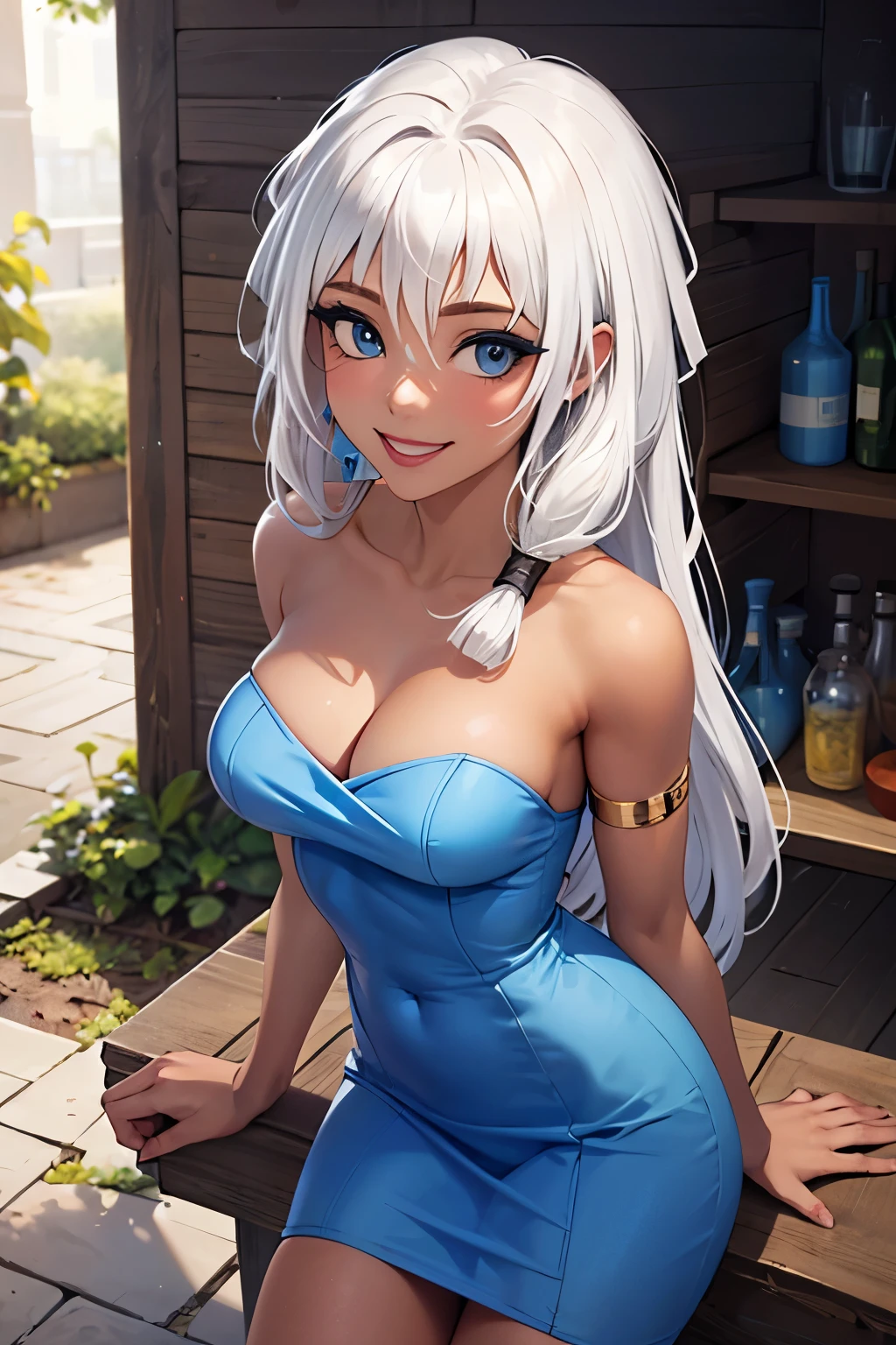 1girl, adult, dark skin, blue eyes, long hair, white hair, blue dress, Revealing Clothes, breasts, smile 