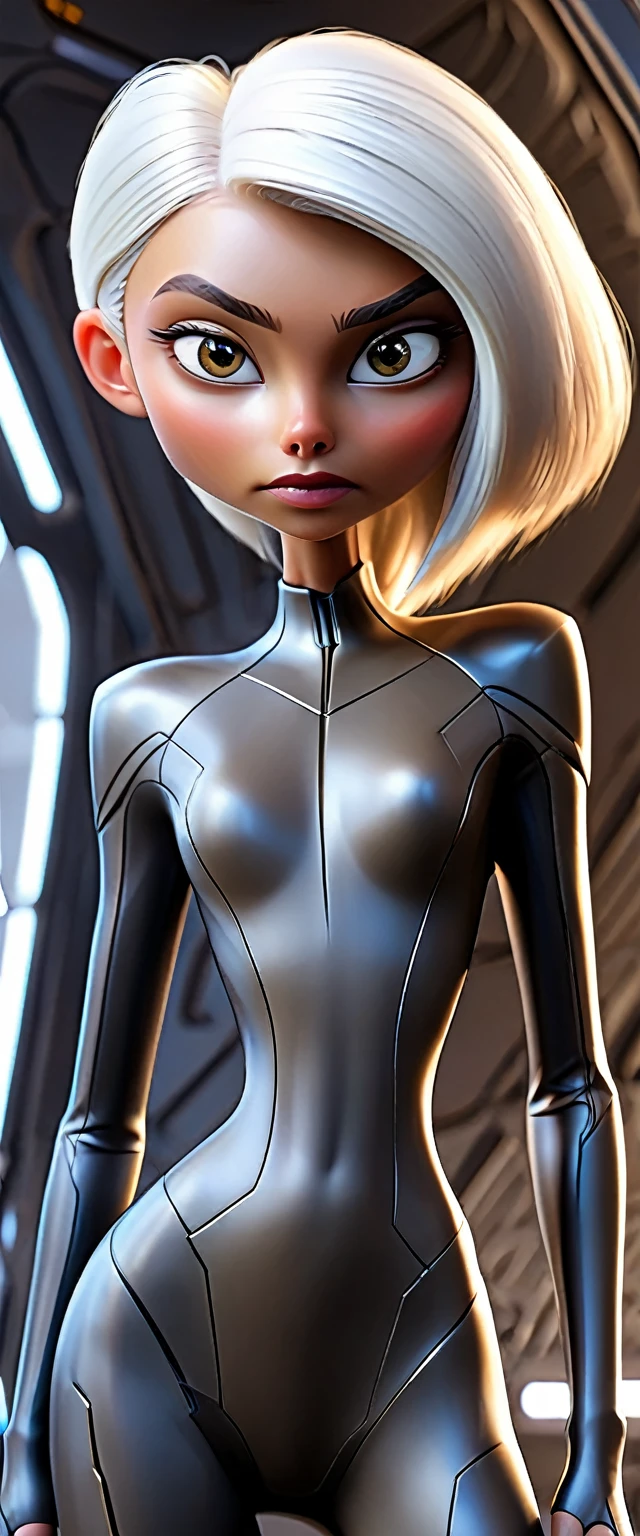 Anorexic thin Woman tanned in a high neck sci-fi  wetsuit. Armored steel chest peice. Small breast. Less muscle White sliver hair.She has a seductive expression .. She is inside a futuristic star ship hull.  Full body.