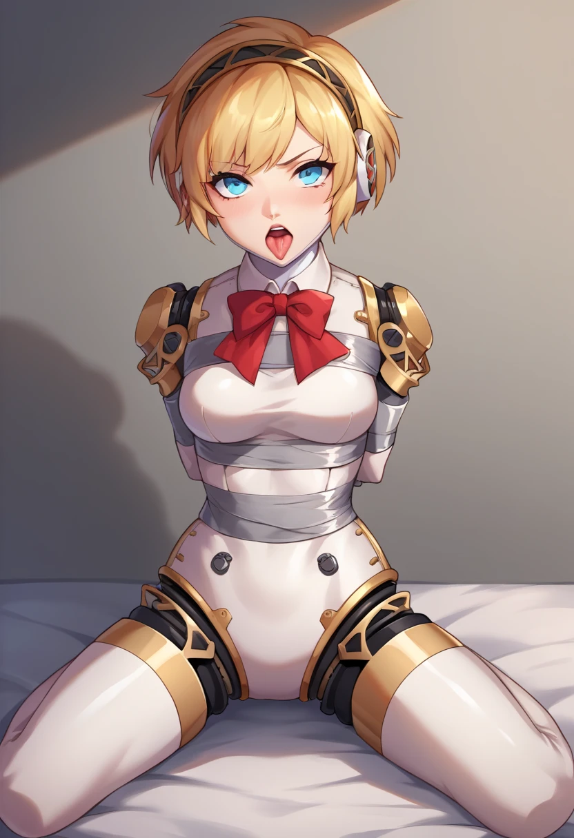 score_9, score_8_up, score_7_up, source_anime, 1girl, looking at viewer, serious, clenched hand,p3aegis, android, hairband, headphones, robot joints, looking at viewer, on the bed, on knees, spread legs, , bound, bondage, (arms behind back:1.4), bdsm, grey tape, tape bondage, close-up, restrained, best anatomy, half body, tape wrapped,  tightly bound, 1girl, solo, tongue out, mouth open, ahegao, sexy ahegao eyes
