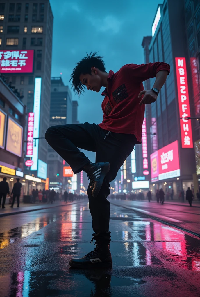  high quality，Excellent work，Wide-angle lens，一名男子站在street，Street dancing ，outdoor，Sky，shoe，Pants， a night without people ，cat，多云的Sky，building，Night Sky，reflection，Logo，the way，street， skyscraper directly above， neon lights ，Punk style，Male focus，Adding details， Very high resolution ,