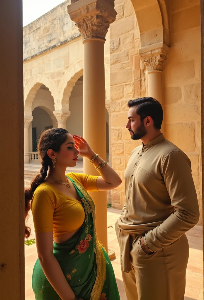 A serene, sun-drenched courtyard in rural India, reminiscent of Satyajit Ray's visual style, serves as the warm, earthy backdrop for a tender interaction between two characters. A woman of South Asian descent, with a fair skin tone and luscious, dark hair styled in a single braid draped over her right shoulder, stands in the foreground, wearing a bright yellow blouse with a plunging neckline and a vibrant green saree adorned with floral patterns, yellow borders, and intricate gold embroidery. Her gold jewelry - a delicate nose ring, bangles, and necklace - catches the soft, golden light, which pours in from a large, arched window to the left, casting a warm glow on the entire scene. Her eyes are closed, and a subtle, knowing smile plays on her lips, painted a deep, bold red. Her left hand gently touches her forehead, lost in thought, as she leans back against a worn, wooden pillar, its surface bearing the marks of age and weathering. The walls of the courtyard, constructed from sun-baked stones, display a mix of warm, earthy tones, with the wooden pillar and a few scattered leaves adding touches of natural, rustic beauty to the composition. To her right, a man, also of South Asian descent, with a strong, chiseled face and a gentle, admiring gaze, stands with his back against the stone wall, hands shoved deep into the pockets of his simple, earth-toned tunic, his eyes fixed on the woman with a deep, tender affection. The atmosphere is peaceful, with the warm, golden light imbuing the scene with a sense of serenity and calm, as if the two characters exist in their own private world, untouched by the passage of time. The image is shot on film, with a subtle grain and a warm, analog color grading that evokes the sense of a bygone era, the overall effect reminiscent of a fleeting moment, frozen in time.