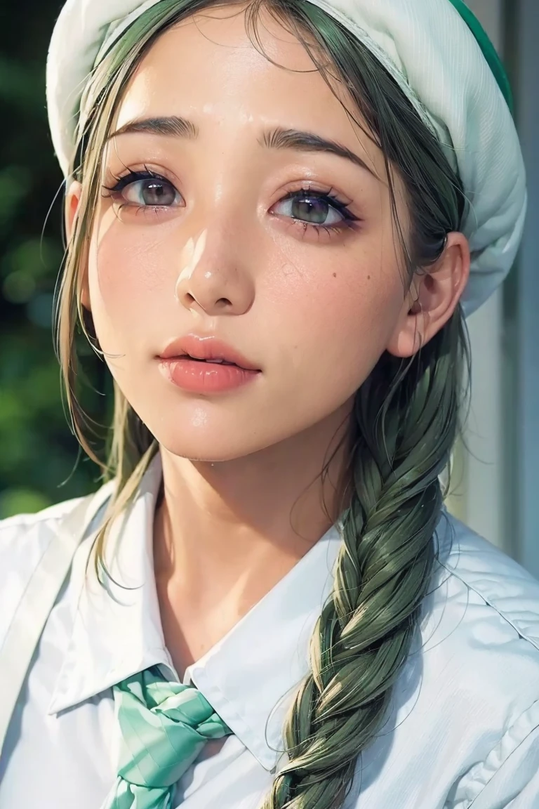  1 girl, ( dark circles under my eyes:1.5), mint green hair, twin_ braided ,  White Berets ,  white shirt, Floral tie