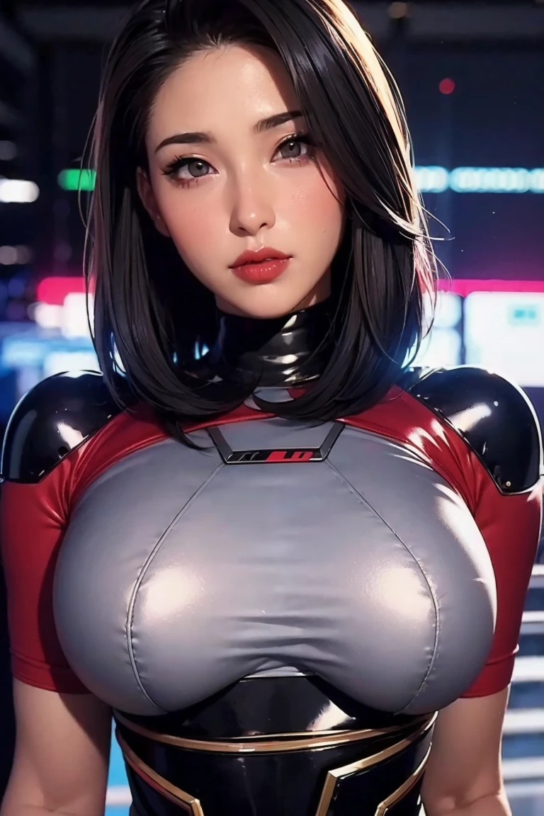 Close-up of a woman with futuristic helmet and red lipstick, Cyberpunk Jackie Wells, cgsociety 9,  style  =  retro futurism , Beautiful android woman,   female android , Retro-futuristic fashion, movie「Blade Runner」Still image of, Female cyborg in data center, Moebius aesthetics, エイリアンサイボーグのmovieのスチール写真,  depicted as a sci-fi scene   