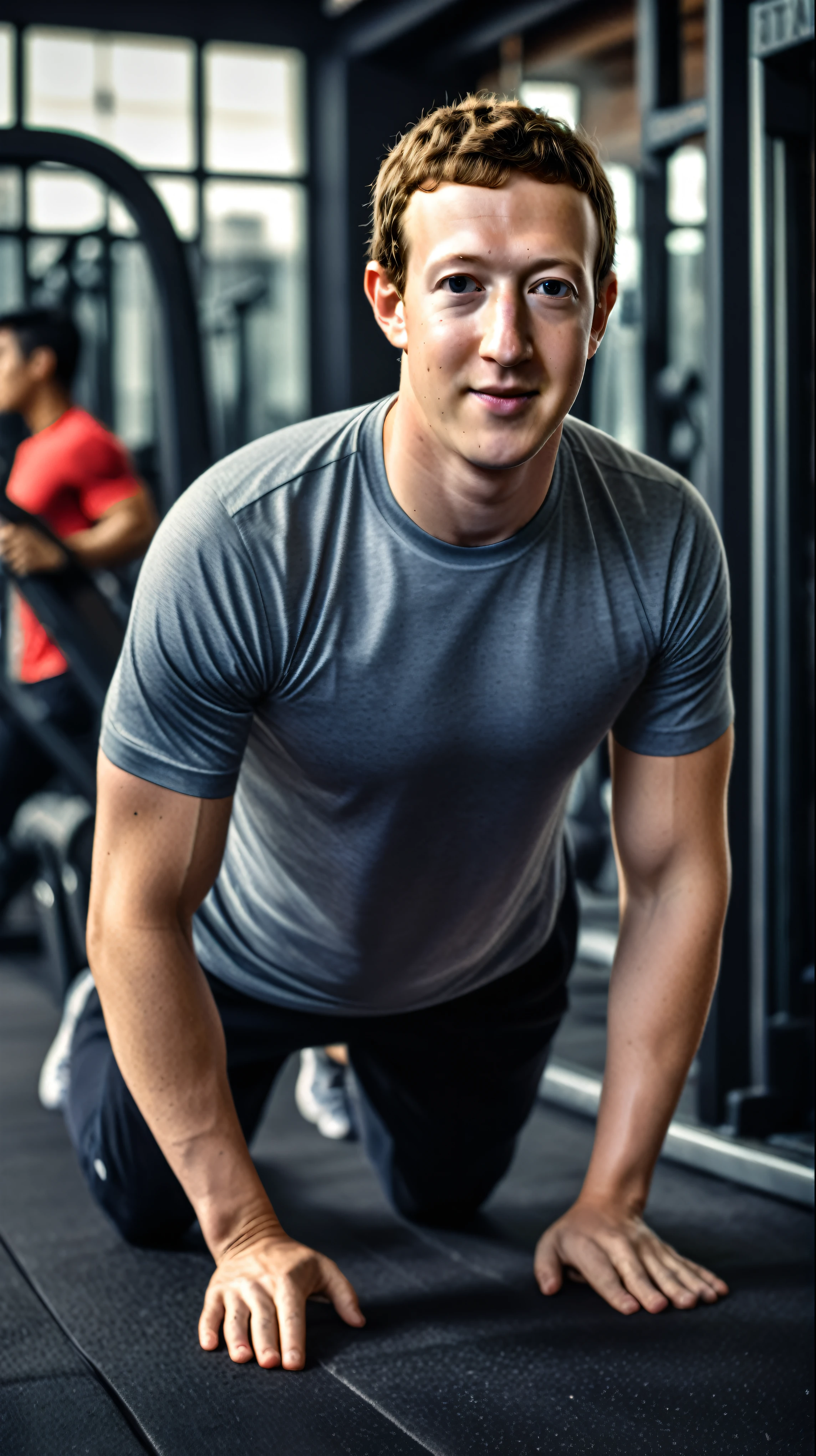 Best quality, high resolution, Masterpiece: 1.3, Realistic depiction of a man, Detailed sweat on his forehead, Muscular build, Running shoes, T-shirt, Sweatpants, Gym setting, Treadmill, Sweat drops flying, Precise muscle definition, Detailed facial expression, Focused gaze, Sweat dripping from his lips, Realistic lighting, Gym equipment in the background, Gym goers in motion, Perspective view, 3D Octane rendering, ray tracing, super detailing viewer, Close-up.