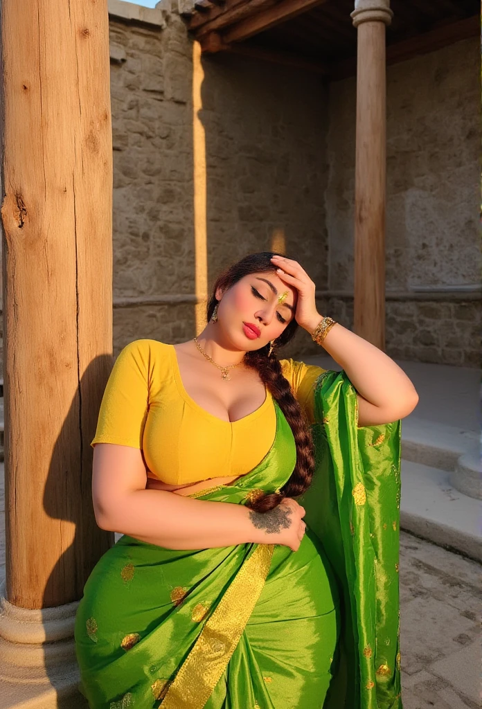 In a serene courtyard adorned with stone walls and a sturdy wooden pillar, a woman of South Asian descent leans back gracefully, her fair skin contrasting beautifully against the vibrant colors of her traditional Indian outfit. She has a voluptuous figure, her large breasts prominently displayed in a bright yellow blouse with a plunging neckline. Her green saree, adorned with intricate floral patterns and yellow borders, drapes elegantly over her right shoulder, the pallu with its gold trim hanging loosely. Gold jewelry, including a nose ring, bangles, and a necklace, adorns her, adding to her regal appearance. Her long, dark hair is styled in a single braid, cascading over her shoulder. She wears vibrant red lipstick, and her eyes are closed, a serene, relaxed expression on her face, suggesting she is lost in thought or perhaps posing for the camera. Her left hand gently touches her forehead, adding to the sense of tranquility. The background, a mix of stone and wood, enhances the rural, traditional Indian environment. The scene is bathed in warm, golden hour light, casting soft shadows and highlighting the textures of the stone and wood. The lighting setup includes a large softbox positioned to the left, casting a gentle, diffused light that accentuates her features and the intricate details of her saree. The color grading is warm and rich, with a slight film grain adding to the nostalgic, timeless feel. The overall atmosphere is one of peaceful reflection, evoking a deep sense of cultural pride and beauty.