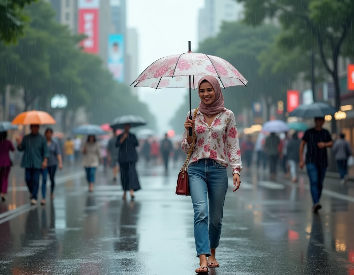 a  year old woman with white hijab sticking out from a pink raincoat, long pant, brown eyes, she smiling and  holding an transparent umbrella in the rain 1 hand reaching out to get rain on her palm. hyper realistic 3D HD watercolor, view 1 whole body from her side.Background at side road.A people pass by slow shutter.