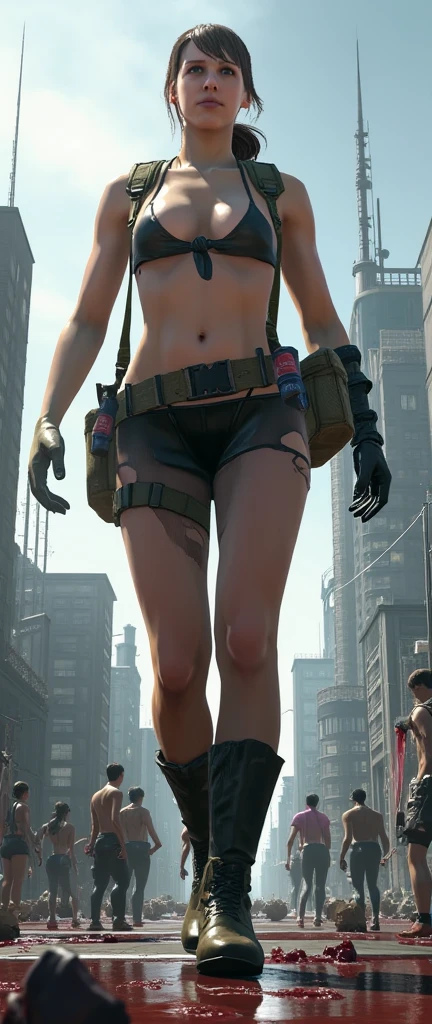 Low perspective of a young giantess woman depicted as a giant among city skyscrapers. She is wearing a sleeveless armored outfit with skirt and riding boots. The character is looking down at the cityscape with a grin smirk. The character towers over the buildings, with a sense of scale and proportion to emphasize her immense size relative to the city. Tiny people are trampled under her steps, with blood splattered over her shoes.