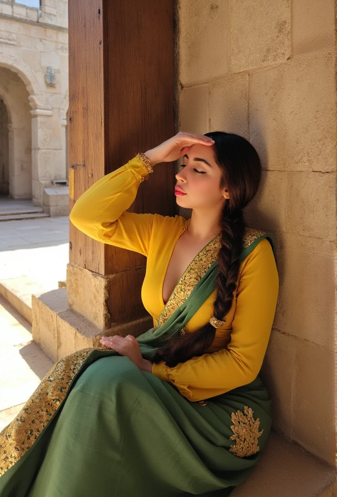 A serene woman of South Asian descent, with fair skin and a full figure, sits in contemplative repose against a weathered stone wall, in a sunlit courtyard with a wooden pillar, reminiscent of a traditional Indian temple, as captured in the style of photographer Raghubir Singh, known for his documentary photography of India. The image is shot on 35mm film with a moderate grain, imbuing the scene with a tactile, organic quality, and presented in a warm, golden color palette with deep shadows, evoking the feel of aged, sun-kissed prints. A warm, softbox light, positioned at a 45-degree angle to the subject's left, subtly accentuates the curves of her face, while a faint, cool blue fill light, emanating from the shaded areas of the courtyard, gently lifts the shadows, imbuing the atmosphere with a sense of relaxed tranquility, characteristic of the cinematography of acclaimed director, Satyajit Ray, in his seminal film, 'Pather Panchali.' The woman's bright yellow blouse, with its daring, plunging neckline, is contrasted against the rich, green hue of her saree, adorned with intricate, floral patterns, and draped elegantly over her right shoulder, the pallu featuring exquisite, gold embroidery that shimmers subtly in the soft light. Her dark, espresso-brown hair cascades down her back in a long, elegant braid, and her gold jewelry sparkles with understated opulence, drawing attention to her serene, full lips, painted a vibrant, cherry red. With her eyes closed and her left hand gently poised on her forehead, she exudes an air of quiet, introspective calm, seemingly lost in thought, yet acutely aware of her surroundings, as the warm light caresses her skin, infusing the scene with a deep, poetic sense of stillness.