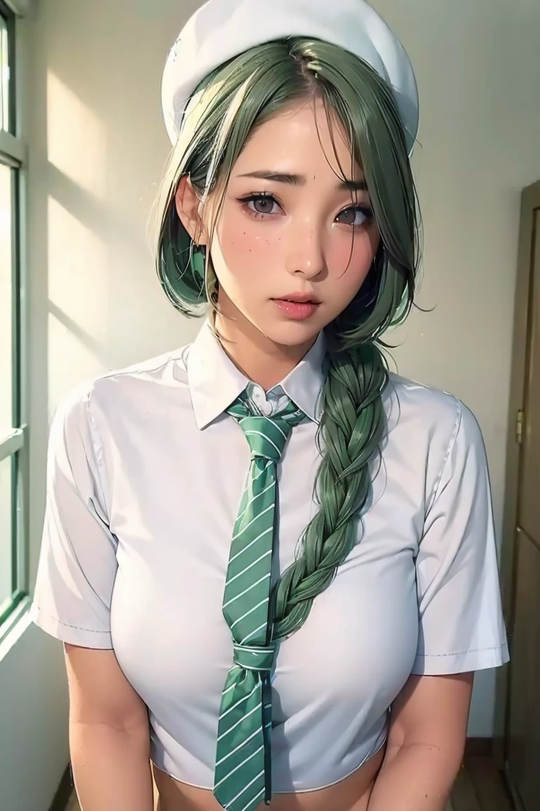 (nude)、 1 girl, ( dark circles under my eyes:1.5), mint green hair, twin_ braided ,  White Berets ,  white shirt, Floral tie