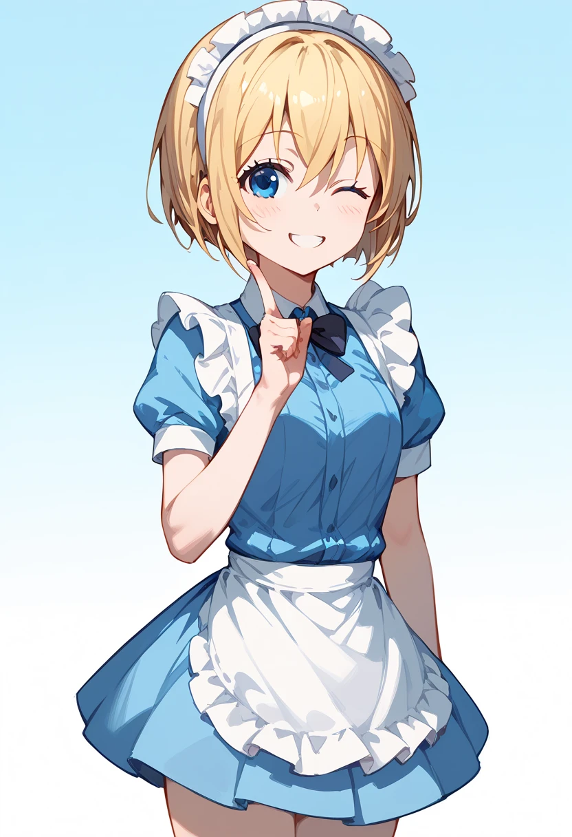 Hinata Kaho(blends ),blonde straight twin-tail、 blue eyes、Tall、 light blue dress 、 mini skirt、maid hair band、smile、Wink、Skirt flipped up