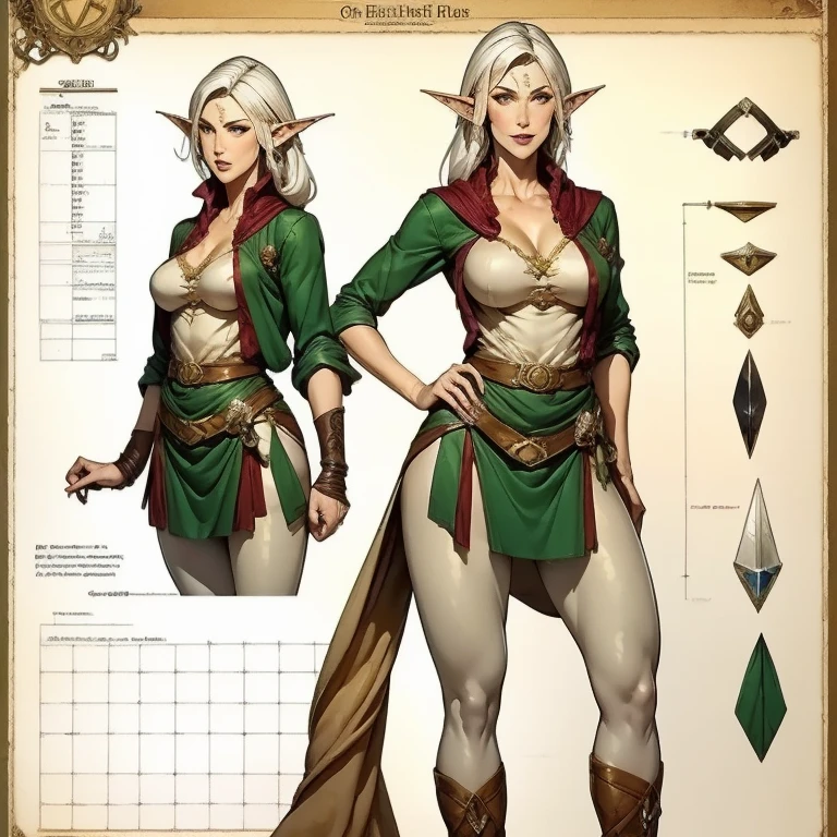 1 ******,  RPG character ,  A highly detailed ,  best quality , RPG style,  conceptual art , character sheet, Beautiful girl, Elf Elf ,  medieval black tunic, leggings pretas, castanho jacket,  light and pale skin ,  brown eyes,  roll of paper , parchment,  color grid , scars, piercings, thin and tall, score_9, score_8_above, score_7_above,a well-characterized warrior elf princess, details in her clothing,