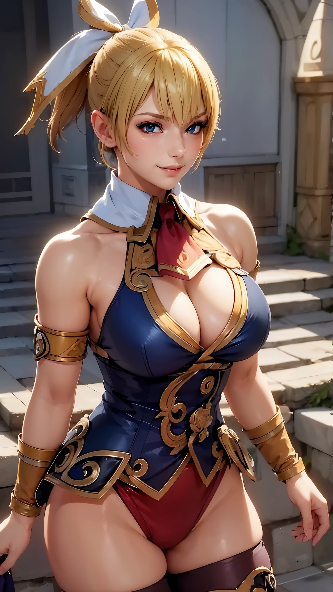 Cassandra Alexander da Soulcalibur,(best quality, 4K,8k,high resolution,work of art:1.2)(weather: sunrise), greek city background, town market, wide hips, short curly hair, ponytail hair, blonde hair, hair ribbon, freckles, long coat, micro shorts, thigh high boots, necktie, elbow long gloves, shoulder armor, light makeup, dark eyeshadow, blush, sexy pose, glowing eyes, ultra detailed,portrait,realistic,beautiful detailed green eyes, beautiful detailed lips,extremely detailed eye and face, long eyelashes,average, large breasts,beaming smile, sexy smile, powerful girl, bright coloured, dramatic lighting,