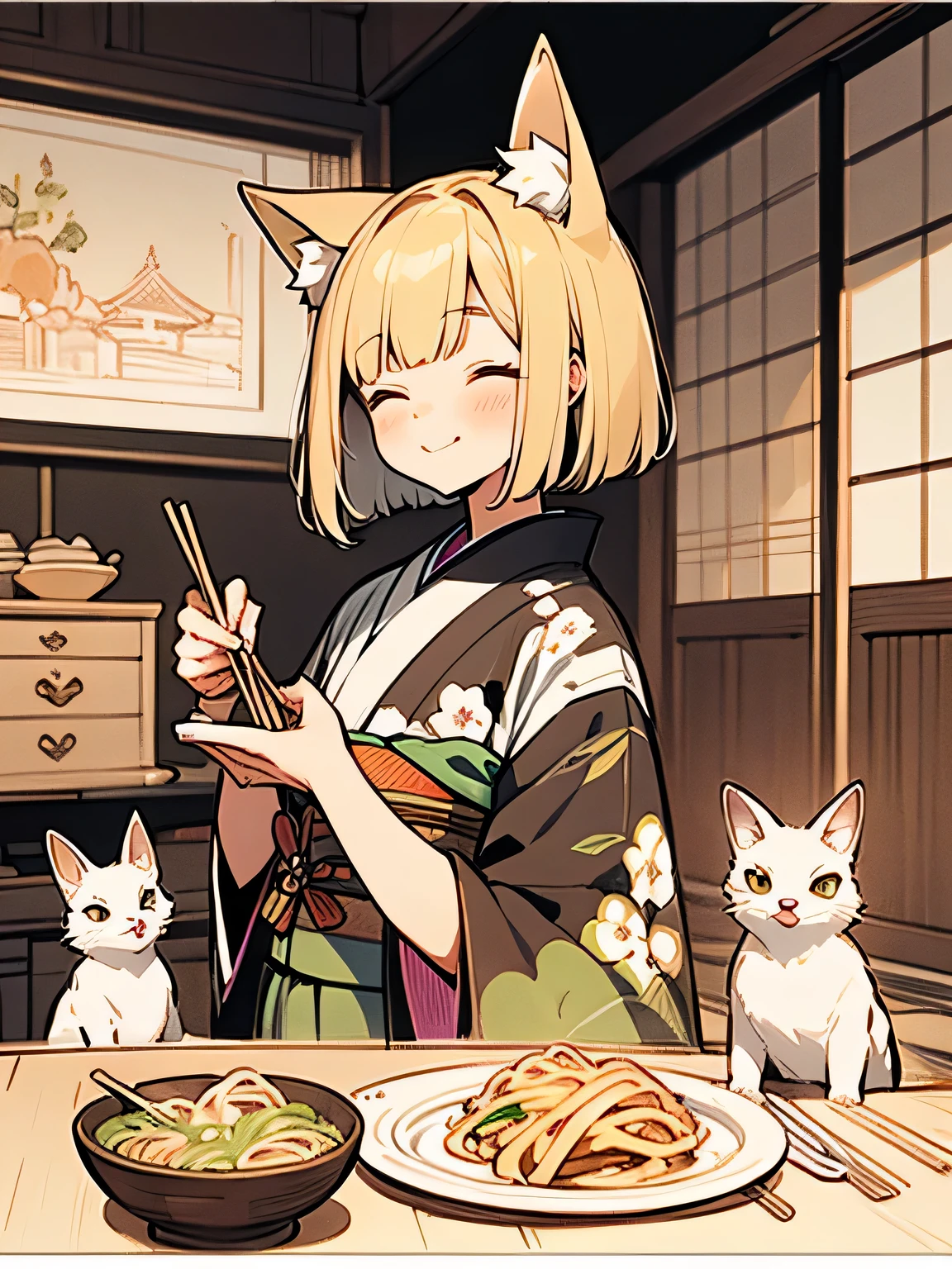 sideview,Alone,upperbody,(looking at viewer:1.3),(calamel blonde color bob),fox ear,smile,closed eyes,(beautiful some seasons flowers sando color rainbow design pattern kimono),japanease old house,indoor,(eat japanease noodle bowl:1.2),japanese chopsticks,tabletop,(I am a mail charactor),(Enchanting chest:1.3),chibi fox(animal),(manga style),(sketch),(illustration),