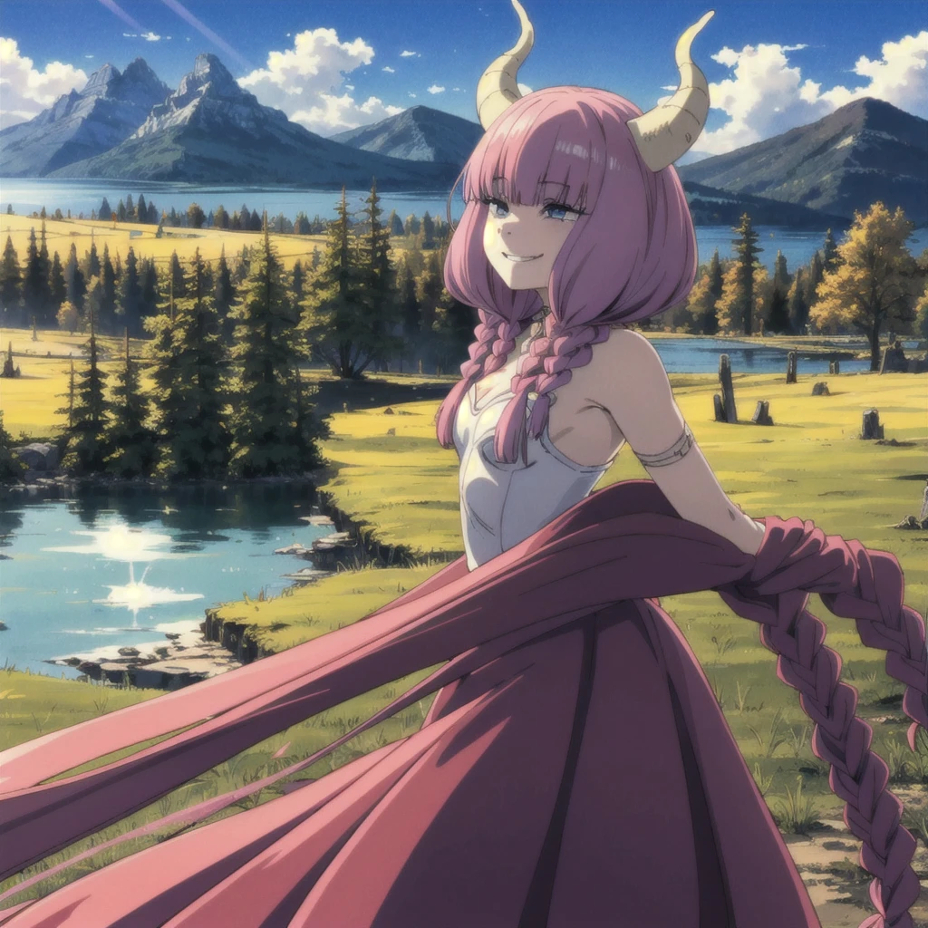 solo,grin,
TheGuillotineAura,1girl,
multiple braids,demon horns,
bare shoulders,
nature,sunshine,midday,mountain,sky,lake,