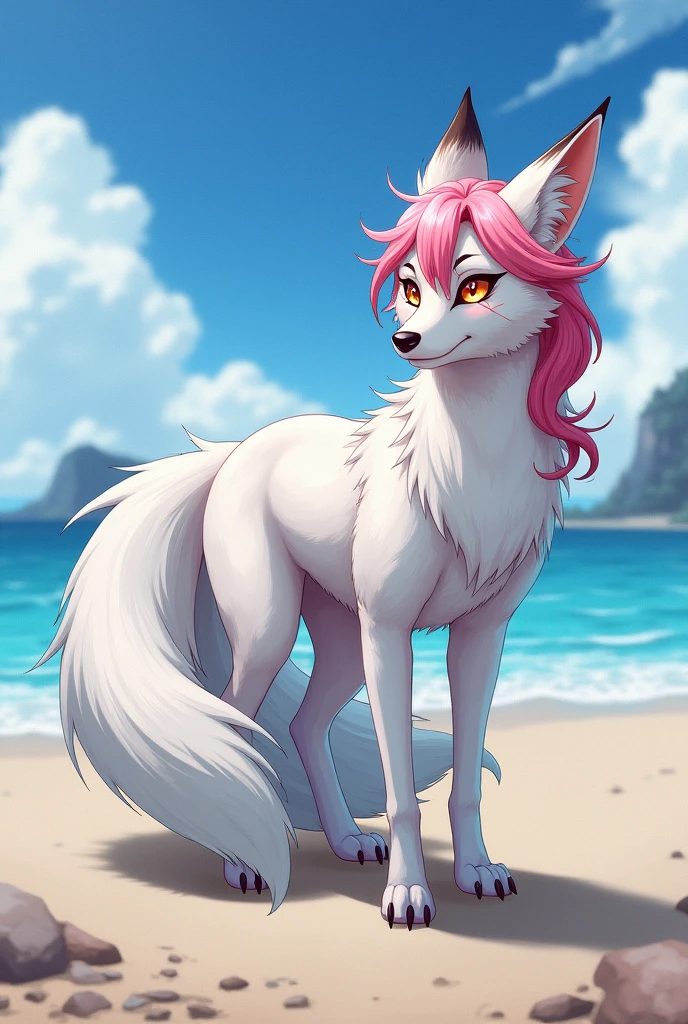 furry female anthro, fox girl, white body fur, Pink hair, paws whit three toes, fucking sister, topless bikini, flat chest, canine pussy, dick in pussy, small breasts, showing nipples, detailed body fur, detailed body, detailed face, detailed eyes, glistering body, shiny body, skinny, :3, multi females,, body fur, (best quality), detailed beach, clear sky, full body, cinematic lighting, looking at viewer, anime style,