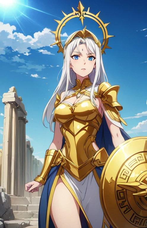 Athena, Greek god,  Greek temple ,  Beautiful adult woman , Blue eyes,  white hair, sky,  highly detailed background ,  perfect masterpiece  ,  lyrics,  ultra high resolution, golden armor, golden lance, golden shield , divine and radiant brilliance, Mystic .