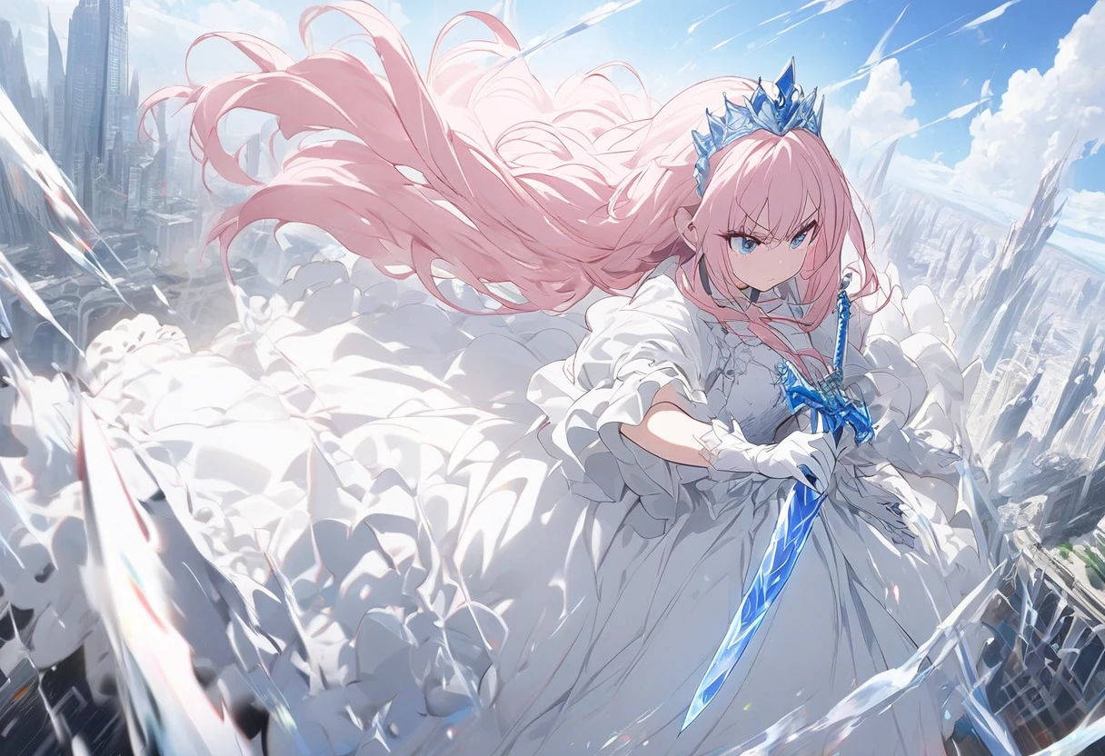 A girl in white dress with blue princess crown sky pink hair in princess gloves long hair serious expression with a sky red sword background shattered city best quality 4k soft skin in a full body battle