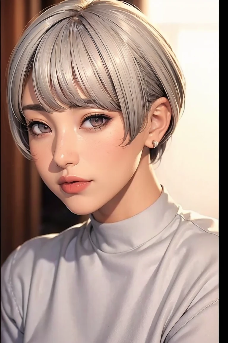 (Best Quality, masterpiece),  1 girl,  beautiful girls, brown_eye, ((hair color [Silver hair], [ pixie cut with bangs ] hair)),  earrings for a woman alone, lips, Short sleeve,Realistic,  thin waist, Charming,   colorful makeup  ,  Long eyelashes,  white skin, (cute), (Detailed face), 詳細ed eye, Detailed iris, 