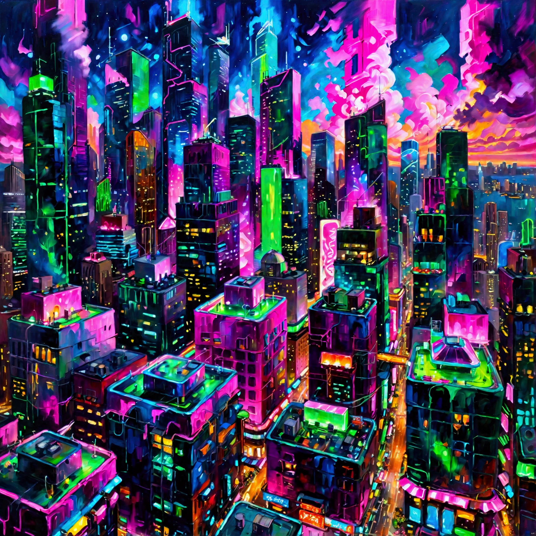 An oil-painting style depiction of a vibrant neon-lit cityscape viewed from the rooftop of a skyscraper at night. The scene captures the sprawling metropolis below, with towering skyscrapers covered in neon lights and signs glowing in electric hues of pink, blue, and green. The city is alive with energy, as lights reflect off glass buildings, and the streets below bustle with activity. The brushstrokes add texture, with bold, rich colors creating depth and emphasizing the neon glow. The overall atmosphere is both majestic and intense, capturing the dynamic spirit of the city at night, (oil painting style, rooftop view, neon cityscape, skyscrapers, night scene, vibrant colors, pink, blue, green neon lights, electric glow, bustling city, rich colors, bold brushstrokes, dynamic atmosphere, intense, majestic)