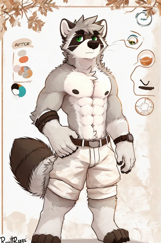 (Line art style ), alone, posing , ((Pose to draw)), raccoon, fluffy hands ,  detailed face  ,  detailed body, (5 fingers),  detailed hands , strong abs, pair of nipples,  defined pectorals  ,  green eyes, detailed eyes,  short hair , 2 arms , perfect anatomy, (reference sheet), por pache riggs