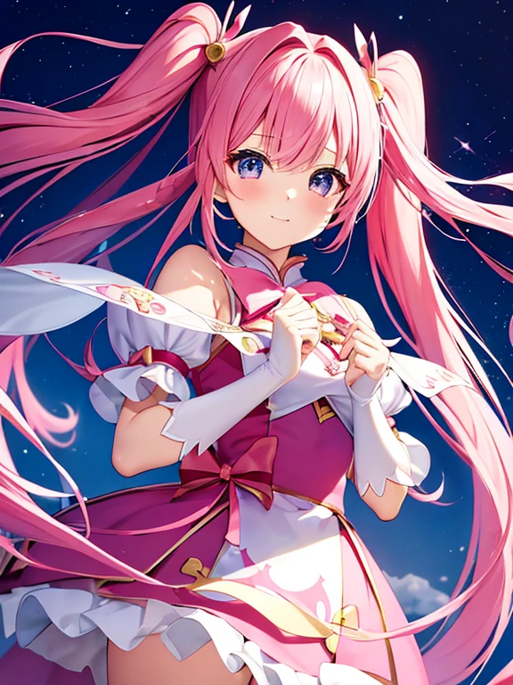  High Quality ，masterpiece。 A cute magical girl with very long pink hair ，Her hair is in long twin tails。 she顔と体を見る人の方を向いて直立します，Real identity。 her hands are empty ，Don&#39;t fold your hands。she背が高く見える，Her breasts are very large，Good style，she女性として完璧なプロポーションを持っている。sheかわいい顔で笑っている， Her eyes are both blue 。 clothes that don't reveal much of her chest ， The costume covers her chest ，Magical Girl Costumes， Outfits with gorgeous designs such as ribbons and frills， The costume has a white and pink color scheme .，The skirt is a mini skirt， hands with long white gloves ，Long white socks on both legs 。she， Where you stand is in the city 。