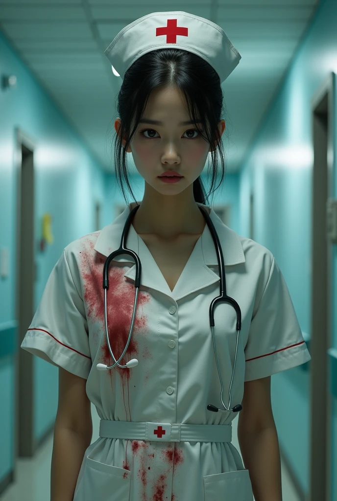 Best quality,1 Girl，(20 years old,Black hair,Dark Nurse,Nurse Clothing),Eyes sparkling,(Holding a bloody knife),(Evil smile:1.3),whole body, Sexy body,White skin,Pale skin,Chest,(whole body:1.3),(crazy:1.3), (Destroyed hospital,Electric Spark,(Very dark:1.5),dirty, Messed up,(In the operating room:1.3),night),(Dynamic Angle:1.8),Dynamic poses,Long Shot,landscape,[fear:2.0],Dynamic Angle