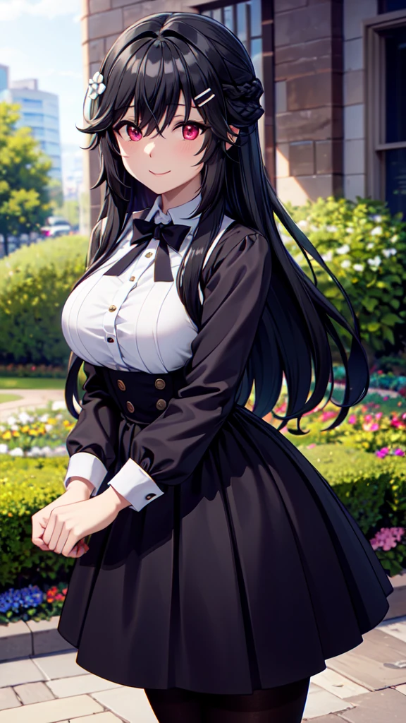 Super detailed, High resolution,[8K images:1.15],garden、 Long Hair overall,hair ornaments,black hair,long hair,hair flower,hair clip,red eyes,Braid,bangs,hair between eyes,
bright eyes、gothic lolita clothing、arms behind、Cute skirt、skirt, white skirt、absolute reference to center,big breasts,
pantyhose,black pantyhose,, exquisite visuals, High resolution,masterpiece,highest quality,smile