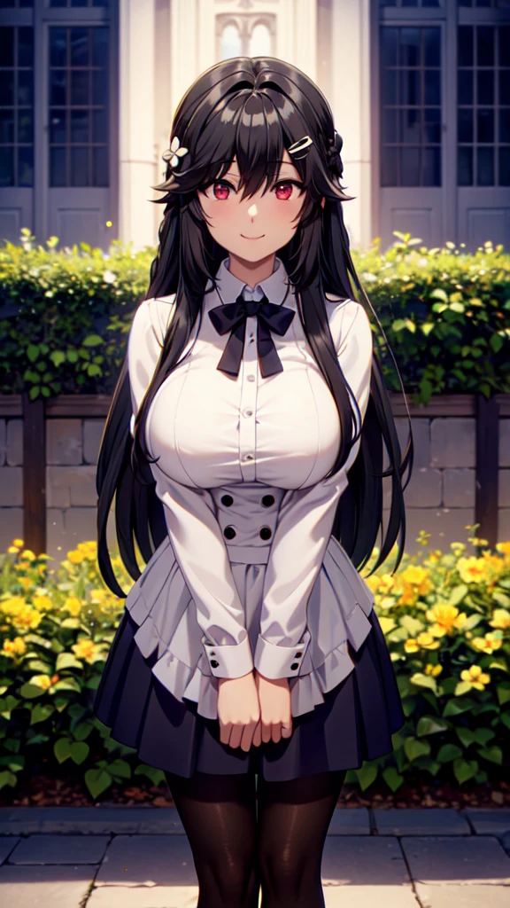 Super detailed, High resolution,[8K images:1.15],garden、 Long Hair overall,hair ornaments,black hair,long hair,hair flower,hair clip,red eyes,Braid,bangs,hair between eyes,
bright eyes、gothic lolita clothing、arms behind、Cute skirt、skirt, white skirt、absolute reference to center,big breasts,
pantyhose,black pantyhose,, exquisite visuals, High resolution,masterpiece,highest quality,smile