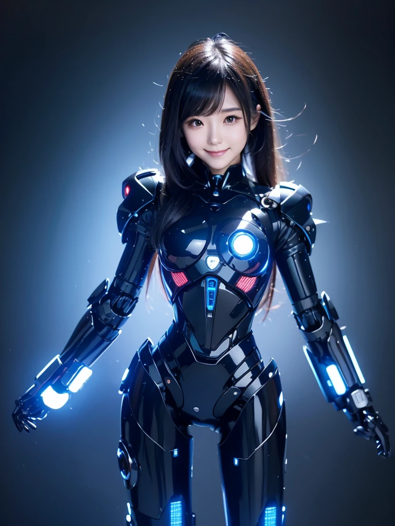 Japanese female android, cute face, smile, black long hair, black and blue robot suit, black and blue mechanical part, black and blue cyborg joint, full body, plain background