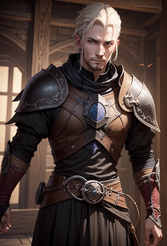 HD, Painted, Beautiful, Stunning, Portrait, Looking Sideways, Character, Concept Art, Male Elf Sorcerer, Half-Elf, Orange Bronze and Leather Armor, Serious, Grim, Spiky Hair, Holding a Book