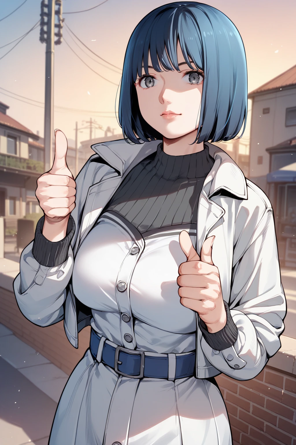 score_9, score_8_up, score_7_up, 1girl, looking at viewer, thumbs up, :>, blue hair, heavy fringe, grey eyes, breasts, silver suit jacket, bright, town, fisheye 