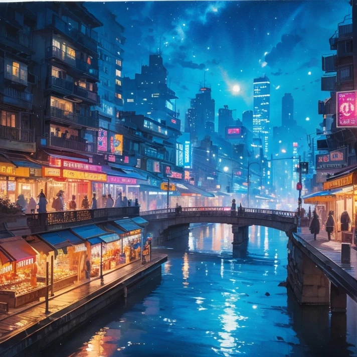 masterpiece，Neon city at night，Watercolor