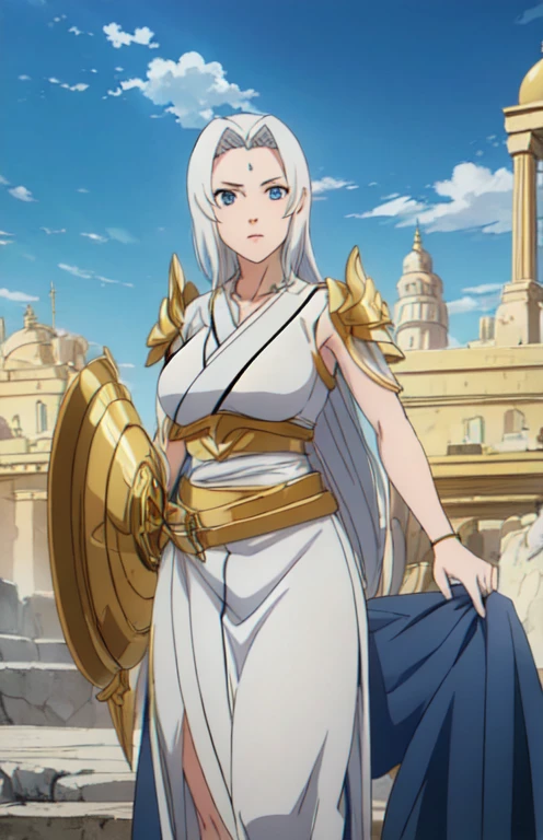 Athena, Greek god,  Greek temple ,  Beautiful adult woman ,  blue eyes ,  white hair, sky,  highly detailed background ,  perfect masterpiece ,  lyrics,  ultra high resolution, golden armor, golden lance, golden shield , divine and radiant brilliance, Mystic .