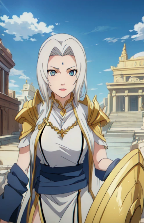 Athena, Greek god,  Greek temple ,  Beautiful adult woman ,  blue eyes ,  white hair, sky,  highly detailed background ,  perfect masterpiece ,  lyrics,  ultra high resolution, golden armor, golden lance, golden shield , divine and radiant brilliance, Mystic .