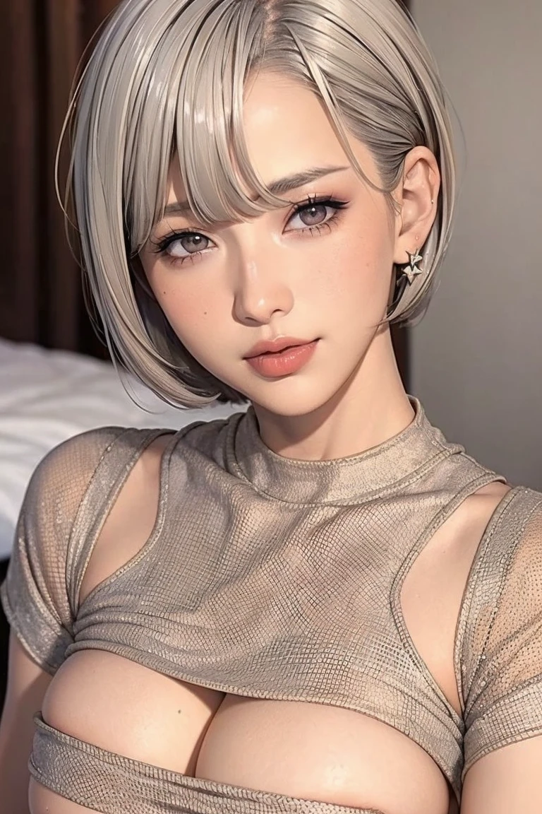 (nude)、(Best Quality, masterpiece),  1 girl,  beautiful girls, brown_eye, ((hair color [Silver hair], [ pixie cut with bangs ] hair)),  earrings for a woman alone, lips, Short sleeve,Realistic,  thin waist, Charming,   colorful makeup  ,  Long eyelashes,  white skin, (cute), (Detailed face), 詳細ed eye, Detailed iris, 