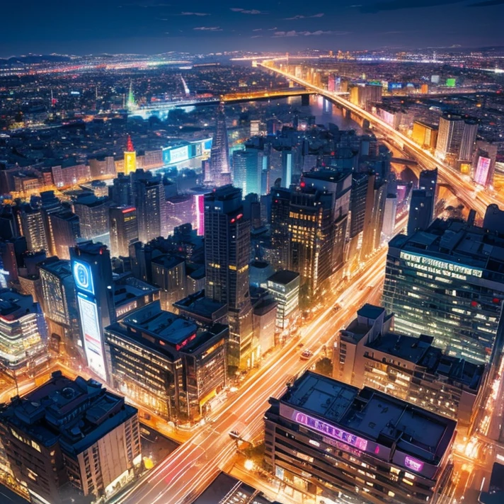 masterpiece，Neon city at night，Watercolor，Aerial view