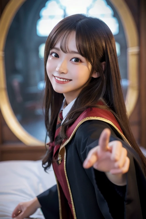 a fine details, high resolution,high quality,inside a luxury room,BREAK:((big smile)),long hair,big eyes,Griffindor costume of Harry Potter,smile,black robe,wrong side is red,beautiful girl,Perfect dynamic pose,magical school of Harry Potter backgrounds, Beautiful and delicate eyes,natural color lips,Kamimei、twinkle eyes,highlight inside eyes、20 year old girl、1 person、clear skin、glowing hair, best quality, illustration, Super detailed, fine details, high resolution, 8K、The correct state of the human body、Random pose、、Sculpt model pose