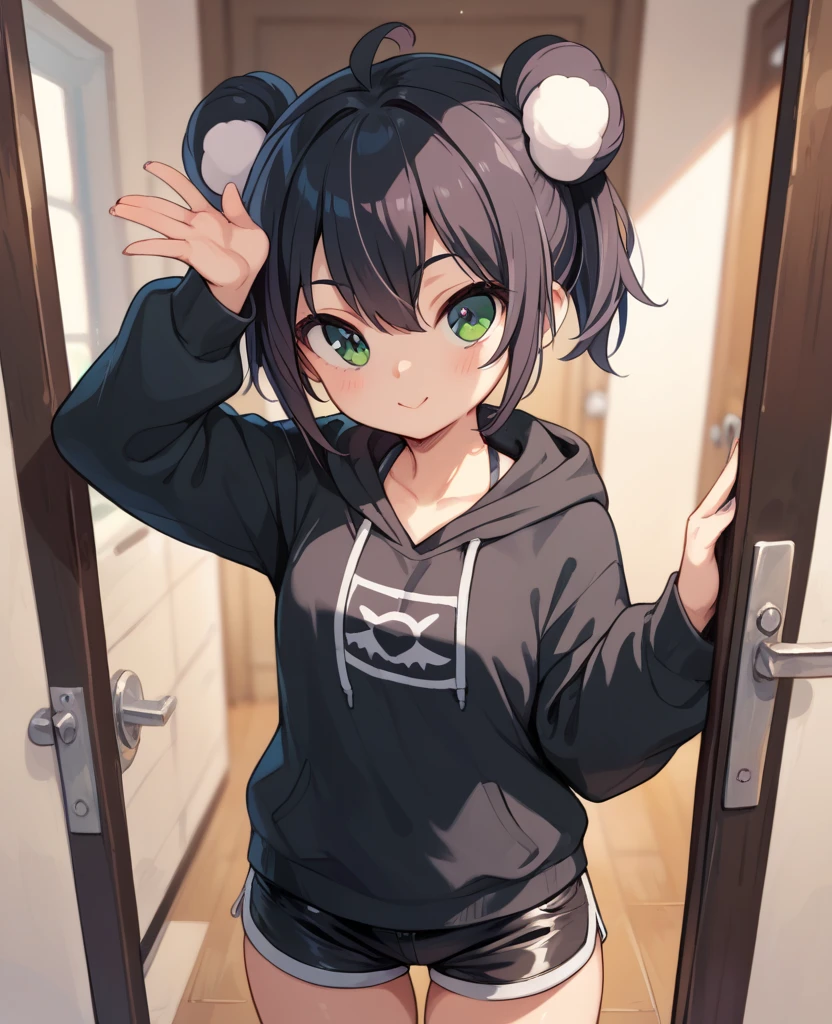 1girl. tomboy, cute girl, black loose hoodie, super short shorts, medium bust size, medium thigh size, she puffs her, standing in front of the door,  