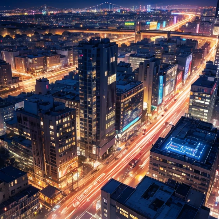 masterpiece，Neon city at night，Watercolor，Beautiful night view，Aerial view