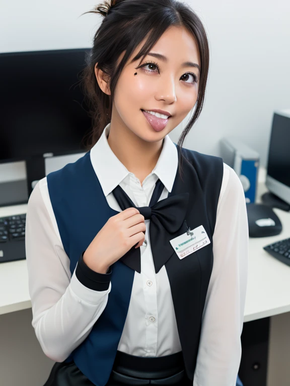 Top quality、Excellent detail、Extremely detailed depiction、((Raw photo))、Delicate skin、Ultra-high resolution、Photorealistic、Bright lighting、(ish Japanese woman)、Hair up、Mischievous Smile、short tongue、(looking at the camera:1.1)、in the office,office lady,(bank teller, black skirt, bow, long sleeves, pantyhose, blue shirt, skirt, vest:1.1)