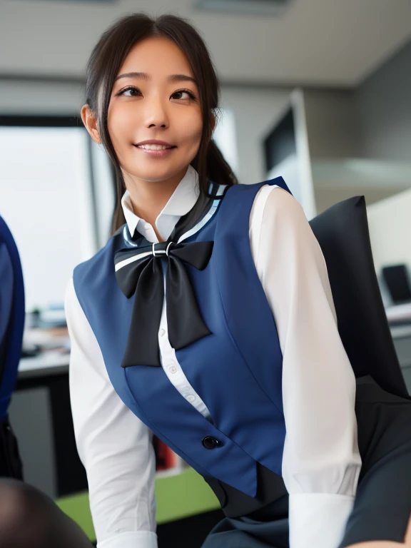 Top quality、Excellent detail、Extremely detailed depiction、((Raw photo))、Delicate skin、Ultra-high resolution、Photorealistic、Bright lighting、(ish Japanese woman)、Hair up、Mischievous Smile、short tongue、(looking at the camera:1.1)、in the office,office lady,(bank teller, black skirt, bow, long sleeves, pantyhose, blue shirt, skirt, vest:1.1)