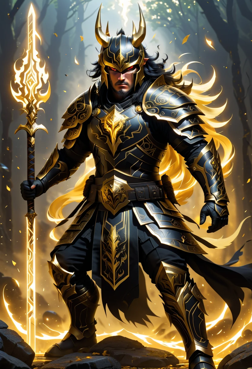 (high quality), (masterpiece), (better detail), (full body), (man in black armor with golden runes), (wolf ears on a black helmet with gold runes), (hands are shrouded in the magic of golden lightning), (fights in hand-to-hand combat against a large toothy worm)