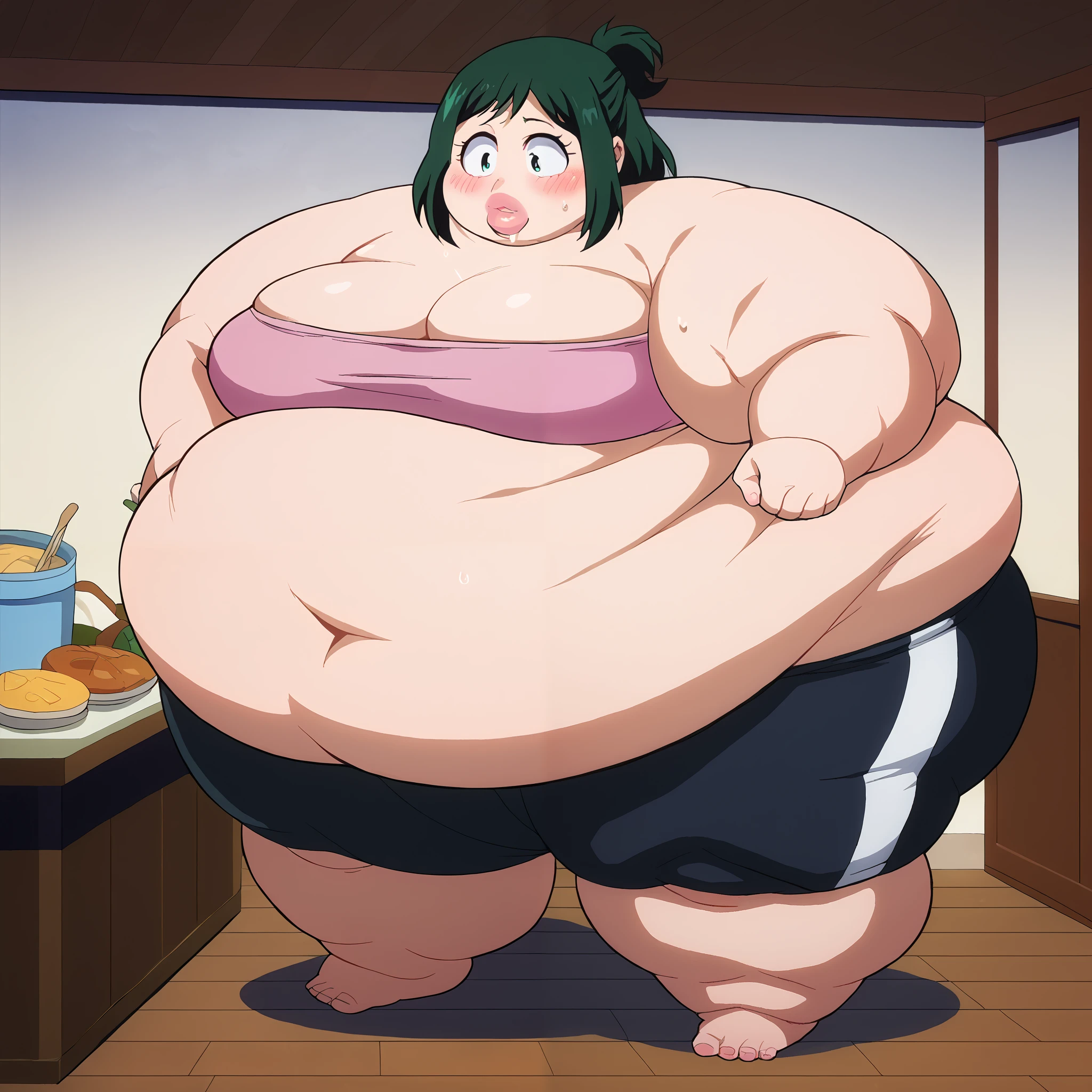 score_9, score_8_up, score_7_up, source_anime BREAK 1girl, Midoria Inko, green hair, green eye, short hair, mature female, big breasts, milf, blush, ganryu, tube top, black bike shorts, house, living room, blush,  sweating, growing fatter, fat, chubby, obese, full body shot, gigantic arms and legs, standing, huge belly, dazed, went into shock, food coma, having a seizure, drooling, big ears, big nose, big lips, 900 pounds, 10 ft tall, hunchback, broad shoulders, big belly, gigantic arms and legs, gigantic belly and breasts, fupa 